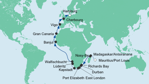 Weltreise mit AIDAaura von Mauritius in Richtung Hamburg im Winter 2020 / 2021